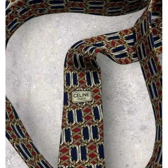 CELINE Silk Tie SPAIN Navy Burgundy Beige Geometric W:3.7 EUC